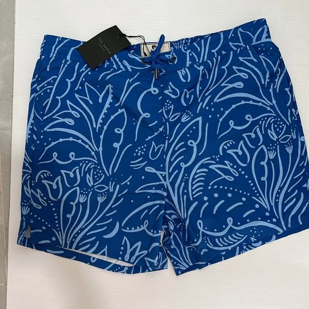 NWT Ted Baker London Ryburn Paisley Printed Swim Shorts Mid Blue Recycled Polyes